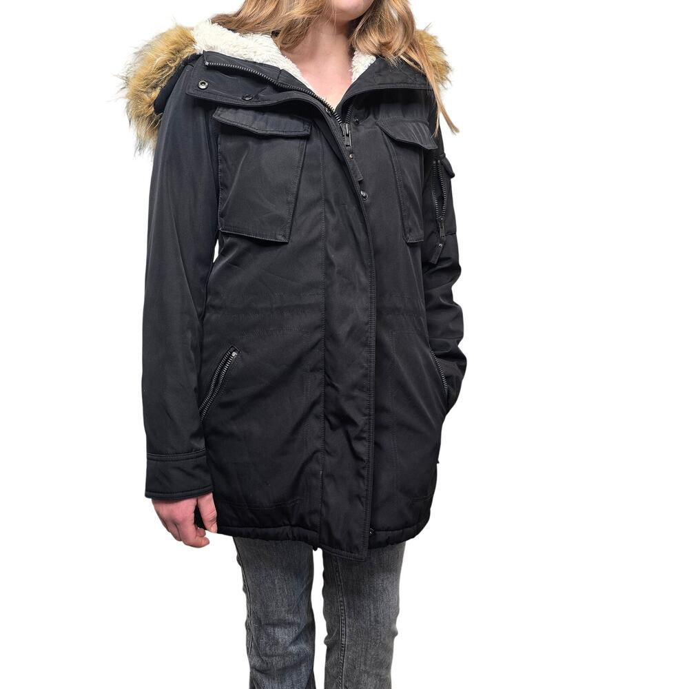 S13 New York Anorak Winter Jacket XS Black Faux Fur Hood Water Resistant